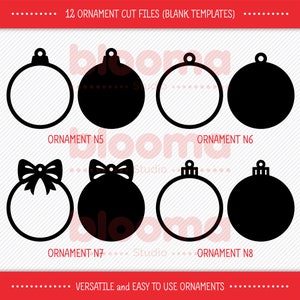 Puede incluir: Doce archivos de corte de adornos en blanco y negro para manualidades. Los archivos son plantillas en blanco para crear adornos personalizados. El texto "12 Ornament Cut Files (Blank Templates)" est&aacute; en la parte superior de la imagen. El texto "ORNAMENT N5", "ORNAMENT N6", "ORNAMENT N7" y "ORNAMENT N8" est&aacute; en la parte inferior de la imagen.