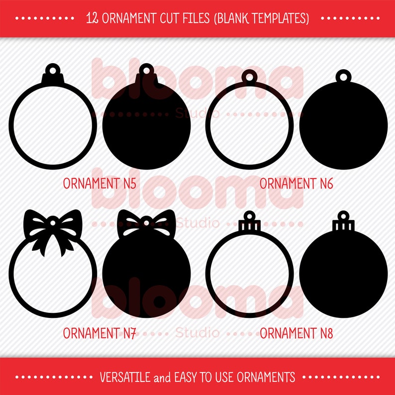 Puede incluir: Doce archivos de corte de adornos en blanco y negro para manualidades. Los archivos son plantillas en blanco para crear adornos personalizados. El texto "12 Ornament Cut Files (Blank Templates)" est&aacute; en la parte superior de la imagen. El texto "ORNAMENT N5", "ORNAMENT N6", "ORNAMENT N7" y "ORNAMENT N8" est&aacute; en la parte inferior de la imagen.