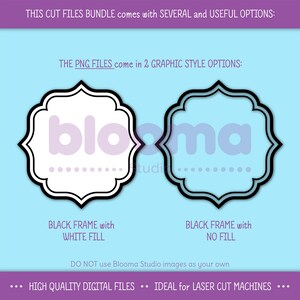 Puede incluir: Dos opciones de estilo gr&aacute;fico para un marco negro con relleno blanco y un marco negro sin relleno. El marco es un dise&ntilde;o decorativo con un borde festoneado. El texto "blooma" es parcialmente visible en la imagen.