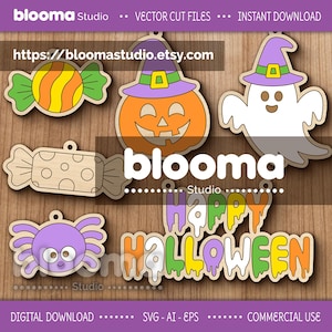 May include: Wooden Halloween cut files including a candy, a pumpkin, a ghost, a spider, and the words "Happy Halloween." The designs are in orange, purple, green, and yellow. The text "blooma Studio" and a website address are also visible.