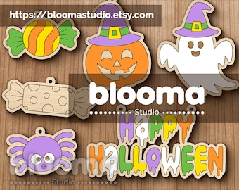 Halloween paint kit SVG, Coloring ornaments laser cut files, Digital download, Fall kids crafts, Pumpkin, Ghost, Candy, Cute spider