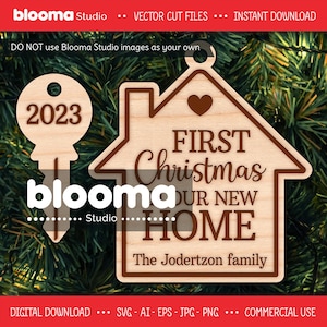 Primo Natale nella nostra nuova casa svg, Ornamento della casa SVG, Ornamento chiave svg, Ornamento della casa di famiglia, Ornamento personalizzato, File tagliati al laser, PNG
