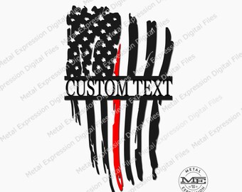 May include: Black and red distressed American flag design with a thin red line down the center. The flag is partially torn and has a banner at the bottom that says "CUSTOM TEXT".