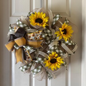 Sunflower wreath for the front door. Fall Farmhouse wreath with Buffalo Plaid Ribbon.  Rustic Autumn Decor.  Country Style Handmade Wreath.