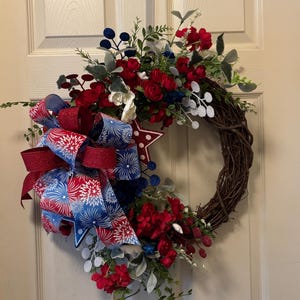 Patriotic Forth of July Wreath, Red White and Blue Grapevine wreath, Fireworks Ribbon Wreath , American Door Decor , Summer Wreath