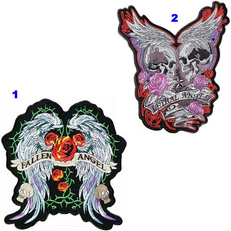 XL Angel Wings Rose Skull Lady Rider Rockabilly Back Patch Iron On Applique Hot fix Craft T shirt Jacket Vest Decorative Costume Gift