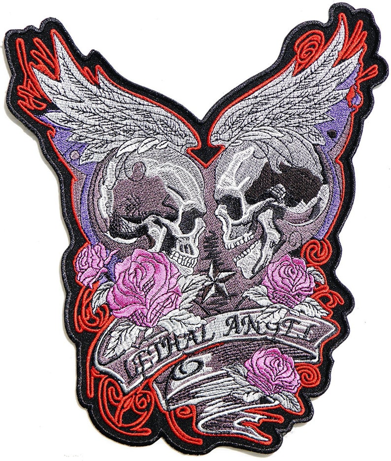 XL Angel Wings Rose Skull Lady Rider Rockabilly Back Patch Iron On Applique Hot fix Craft T shirt Jacket Vest Decorative Costume Gift