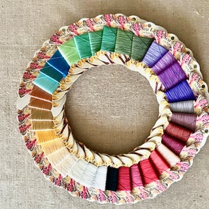Könnte beinhalten: Eine kreisförmige Anzeige von 24 Spulen Stickgarn in verschiedenen Farben, darunter Grün, Blau, Braun, Gelb, Weiß, Schwarz, Rot, Lila und Grau. Die Spulen sind in einem Regenbogenmuster angeordnet und mit "Sea Lace" beschriftet.