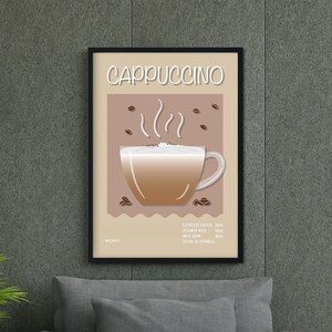 Cappuccino koffie print ~ koffie poster ~ retro ~ koffiebar ~ keuken print ~ keuken decor ~ koffiebar kar ~ ingelijst of ingelijste A5-A1