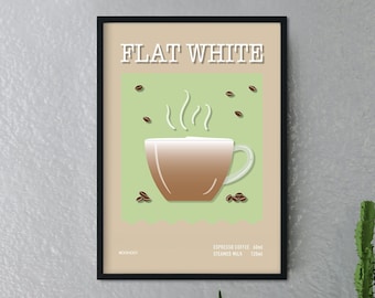 Flat White Coffee Print ~ Coffee Poster ~ Retro ~ Coffee Bar ~ Kitchen Print ~ Kitchen Decor ~ Coffee Bar cart ~ Framed or Unframed A5-A1