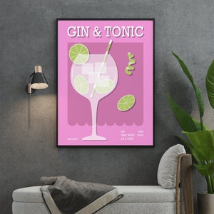 Gin & Tonic Cocktail Print ~ Cocktail Poster ~ Cocktail Recipe ~ Retro ~ Home Bar ~ Kitchen Print ~ Pink Print ~ Framed or Unframed A5-A1