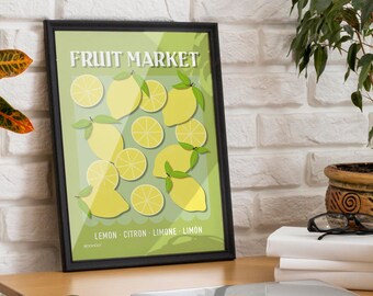 Fruit Market Lemon Print ~ Colourful Lemons Poster ~ Retro Kitchen Print ~ Fruit Print ~ Lemons Art print ~ Framed or Unframed A5-A1