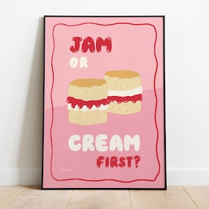 Jam or Cream First? Scone Print – Funny Hand Drawn Kitchen Wall Art, Afternoon Tea Illustration, British Foodie Decor, House Gift Idea