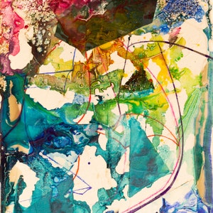 May include: Abstract painting with a mix of blue, green, yellow, red, and white paint. The painting has a textured surface and a geometric shape in the upper left corner.