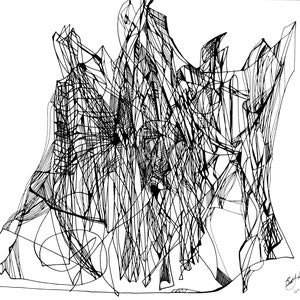 以下が含まれることがあります： 複雑に絡み合ったパターンを持つ、白黒の抽象的な線画。線は、絡み合ったクモの巣や都市の風景を思わせる、深みと動きを感じさせる。