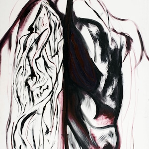 May include: Abstract painting in black and white with hints of red and purple. The painting features a large, flowing form with intricate details and a sense of movement.