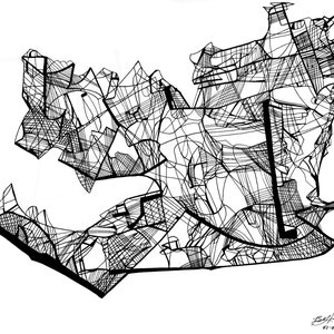 Pode incluir: Desenho abstrato em preto e branco com um design complexo e intrincado. As linhas são grossas e finas, criando uma sensação de profundidade e dimensão. O desenho lembra um mapa da cidade ou uma rede de caminhos interconectados.