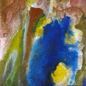 May include: Abstract painting with a blue, yellow, green, and red color scheme. The painting has a textured surface and appears to be painted on canvas.