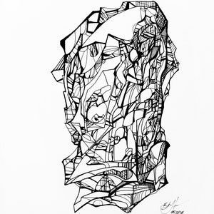 以下が含まれることがあります： 幾何学的な形をした顔の白黒の抽象的な線画。絵は「BM」のイニシャルと「05/19/28」の日付で署名されています。