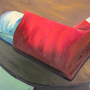 Lifeline, Original Fine Art Realist Stillleben Ölgemälde, Gesundheit Asthma rot übergroße Rettungs Inhalator, ungerahmt große Wand-Dekor Kunst