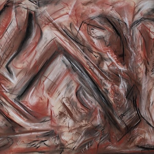 May include: Abstract artwork in shades of red, black, and white. The piece features dynamic lines and shapes, creating a sense of movement and depth. The artwork appears to be created with charcoal and pastel on paper, with a textured appearance.