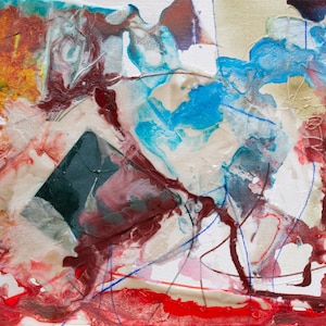 May include: Abstract painting with a mix of red, blue, white, and black paint. The paint is applied in a thick, textured style, creating a sense of depth and movement.