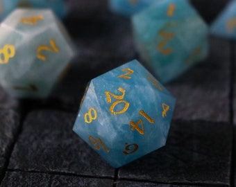 Hand Carved  Gemstone Blue Aquamarine Stone (And Box) Polyhedral Dice DND Set