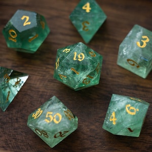 Green Fluorite Gemstone Dice (Chlorophane)  Hand Carved Polyhedral Dice (With Box) DND Set