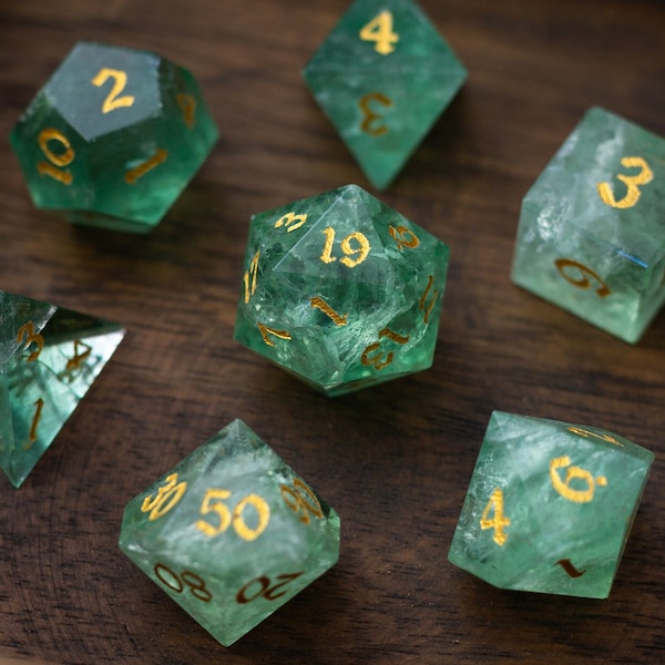 Green Fluorite Gemstone Dice (Chlorophane) Hand Carved Polyhedral Dice (With Box) DND Set