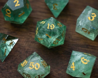 Green Fluorite Gemstone Dice (Chlorophane) Hand Carved Polyhedral Dice (With Box) DND Set