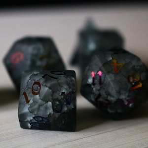 Black Inked Lightning Glass Cracked Glass (And Box) Polyhedral Dice DND Set