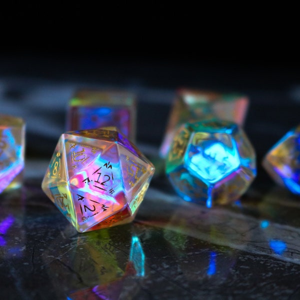 Dragon Shield  Gemstone Dichroic Glass Polyhedral Dice (With Box) DND Set