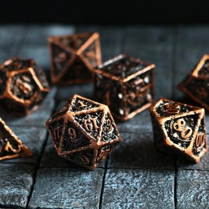 May include: A set of seven copper-colored dice with black numbers. The dice are on a dark gray textured surface.