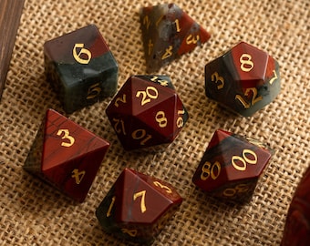 Gemstone  African Bloodstone Hand Carved Polyhedral Dice DnD Dice Set - Gift For Dnd, RPG Game DND MTG Game