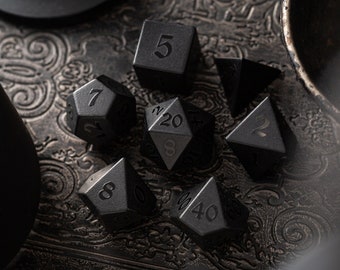 Gemstone Black Night Raised Obsidian Hand Carved Polyhedral Dice (And Box) DND Set