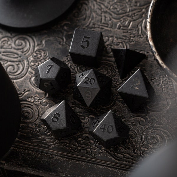 Gemstone Black Night Raised Obsidian Hand Carved Polyhedral Dice (And Box) DND Set