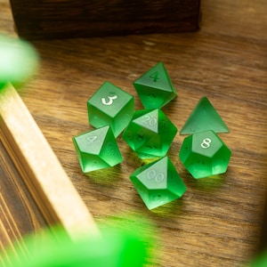 Hand Carved Raised Green Zircon Glass (And Box) Polyhedral Dice DND Set