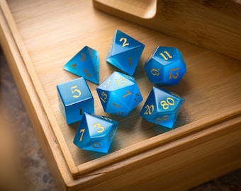 Hand Carved  Gemstone Light Blue Cats Eye Stone (And Box) Polyhedral Dice DND Set