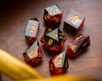 Emberflare Handmade Resin DND Dice Set (Red and Black with Gold Numbers)