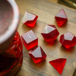 Hand Carved Raised Blood Red Zircon Glass (And Box) Polyhedral Dice DND Set