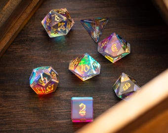 Hand Carved Gemstone Dichroic Glass Polyhedral Dice (With Box) DnD Dice Set - RPG Game DND MTG Game