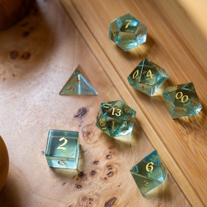 Hand Carved Green Water Glass (And Box) Polyhedral Dice DND Set - RPG Game DND
