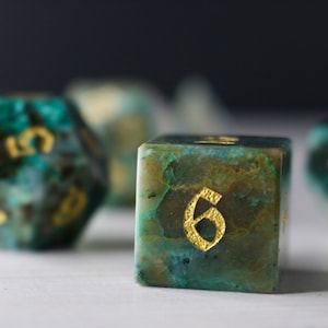 Green Gemstone Azurite Hand Carved Polyhedral Dice DnD Dice Set