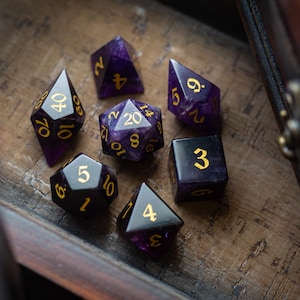 Gemstone Purple Amethyst Elven Cut Polyhedral Dice (With Box) DnD Set