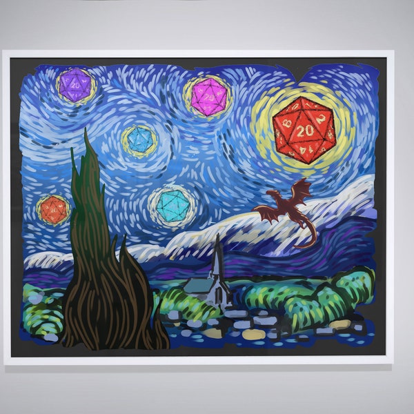 Starry Night Design, Dnd Decoration, D20 Wall Art, Rpg Poster, Gift For Dnd Poster, Dnd Decor, Dragon Dice, Dnd Gift, Dnd Poster