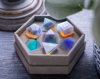 Gemstone Raised Dichroic Glass Polyhedral Dice (With Box) DND Dice Set