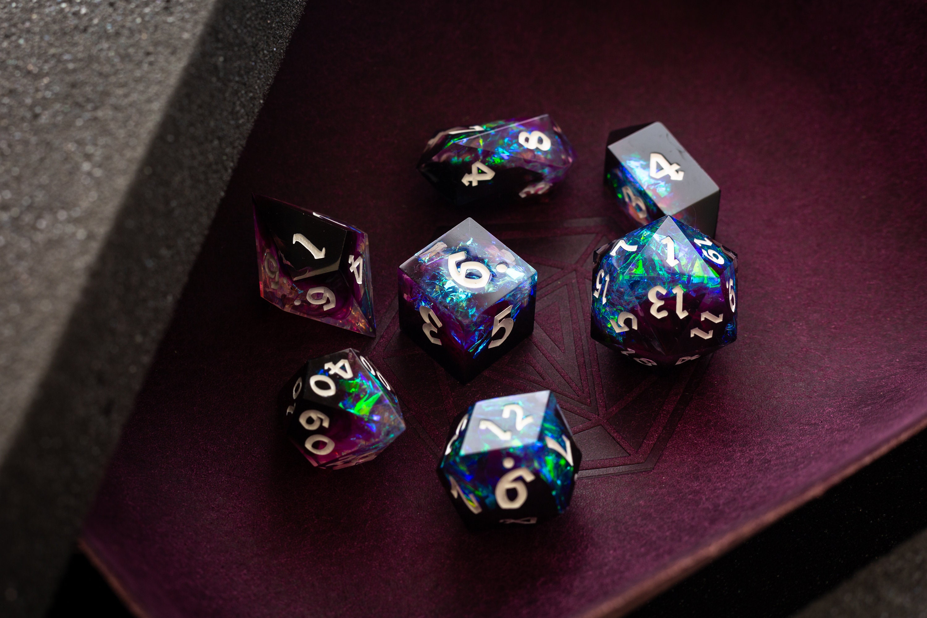 Blue and Purple Lightning Handmade Resin Dice Set RPG Game