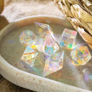 Gemstone Dichroic Glass Elven Cut Polyhedral Dice (With Box) DnD Set