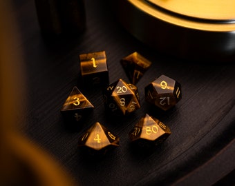 Yellow Tigers Eye Hand Carved Stone Set DND Dice Set