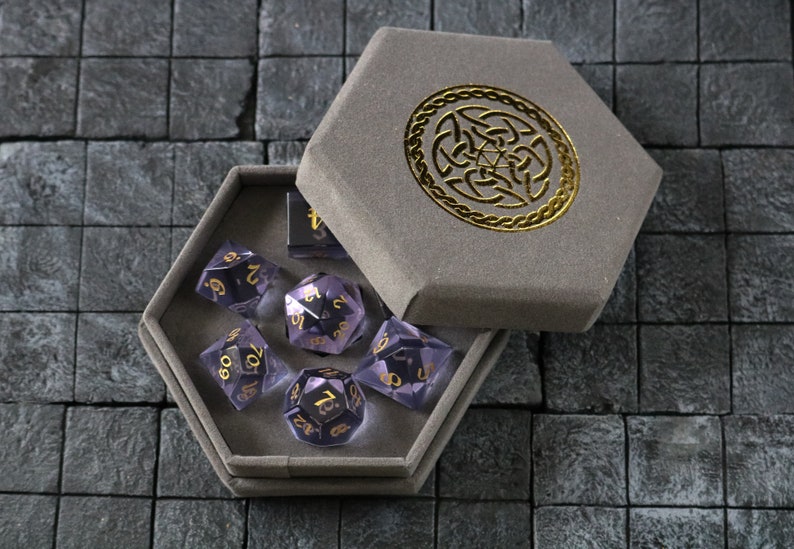 Hand Carved  Purple Zircon Glass (And Box) Polyhedral Dice DnD Dice Set - RPG Game DND Dice 